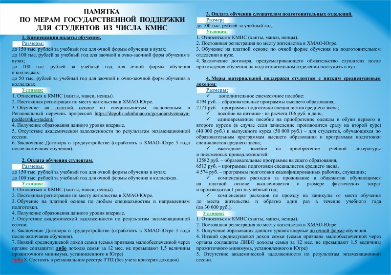 Памятка по мерам господдержки для студентов из числа КМНС